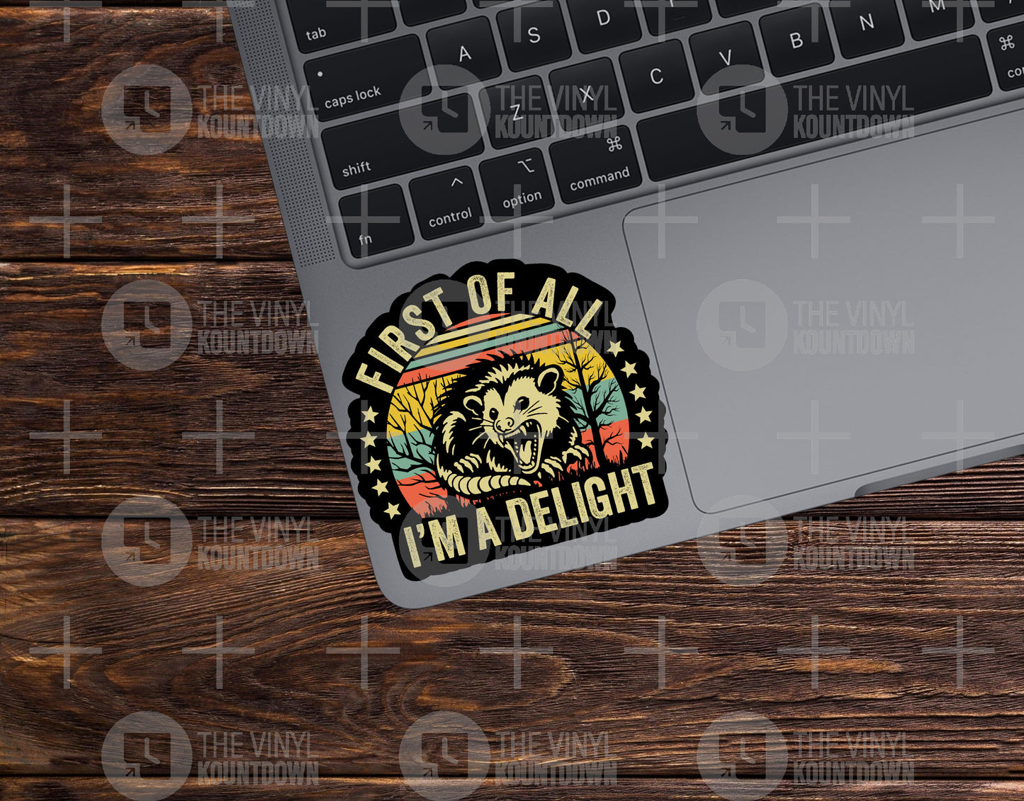 First Of All I'm A Delight | Funny Sarcastic, Possum, Opossum Sticker For PC, Hydroflask, Hardhat, Toolbox | High Quality Vinyl Sticker