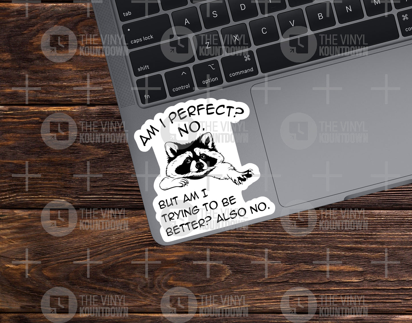 Am I Perfect? No. But Am I Trying To Be Better? Also No. | Funny Raccoon Sticker For Bottle, Hardhat, Toolbox | High Quality Vinyl Sticker