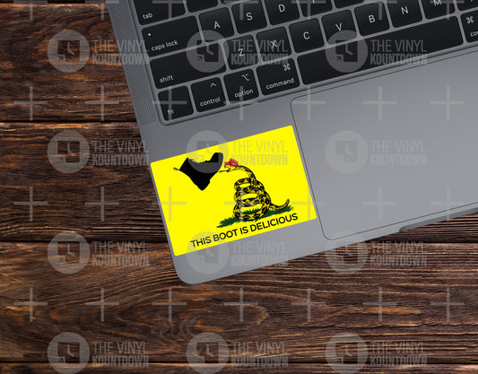 This Boot Is Delicious | Funny Don't Tread on Me, Anti-MAGA Gadsden Sticker | For Bottle, Flask, Toolbox, Hard Hat | Quality Vinyl Sticker