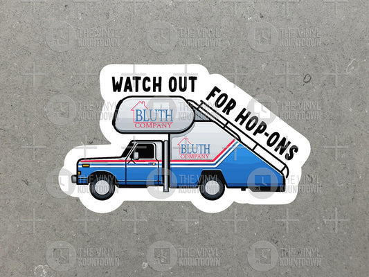 Bluth Company Stair Car Watch Out For Hop-Ons | Funny Sticker for Laptop, Bottle, Toolbox, Hard Hat | High Quality Vinyl Sticker