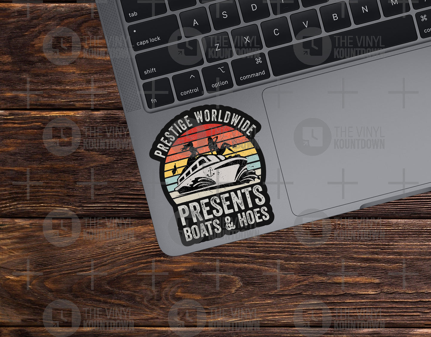 Prestige Worldwide Boats & Hoes | Funny Step Brothers Sticker for Laptop, Water Bottle, Phone, Toolbox Hard Hat | High Quality Vinyl Sticker